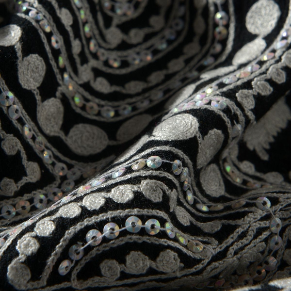 100% Wool Embroidered Black and White Colour Shawl with Sequins (Size 195x70 Cm)