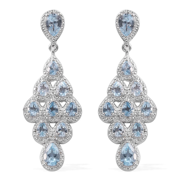Sky Blue Topaz (Pear), Diamond Earrings in Platinum Overlay Sterling Silver 3.770 Ct.