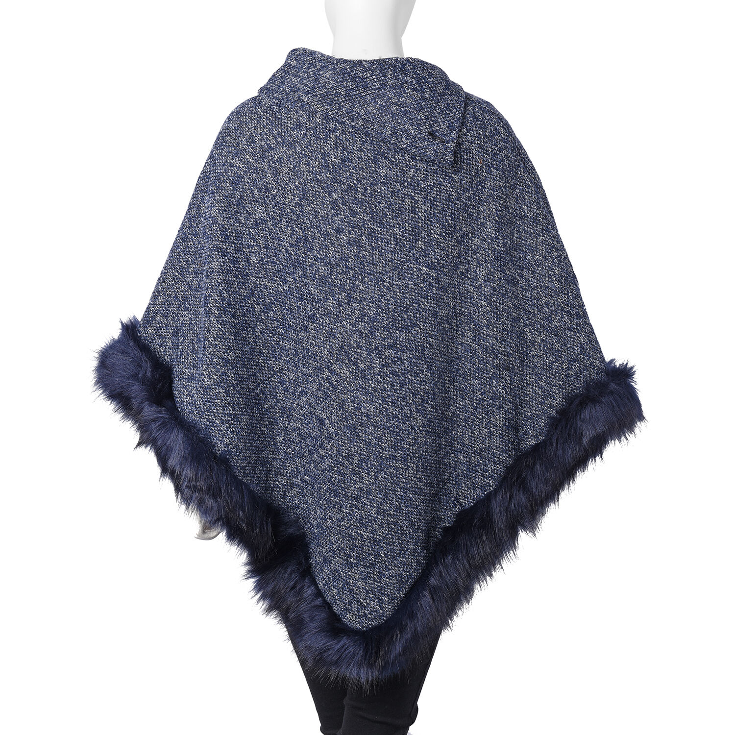 Faux Fur Warm Poncho with Fluffy Edges (Size 80x90 Cm) - Navy