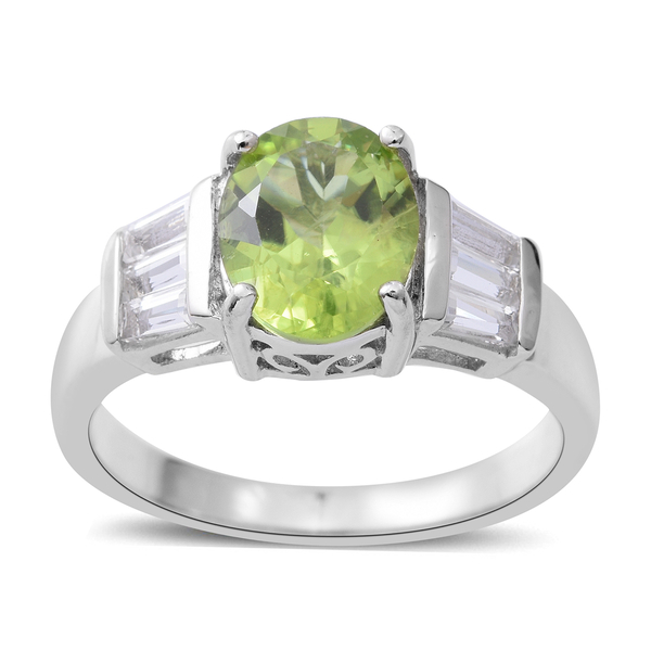 3.47 Ct Hebei Peridot and White Topaz Ring in Rhodium Plated Silver