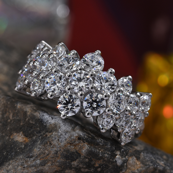 Lustro Stella Platinum Overlay Sterling Silver Cluster Band Ring Made with Finest CZ 4.05 Ct.