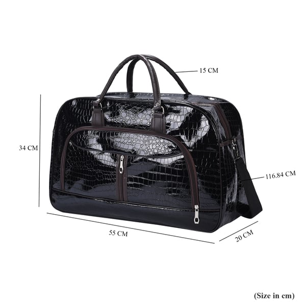 Croc Pattern Middle Travel Bag with Shoulder Strap (Size 55x20x34 Cm) - Black Patent