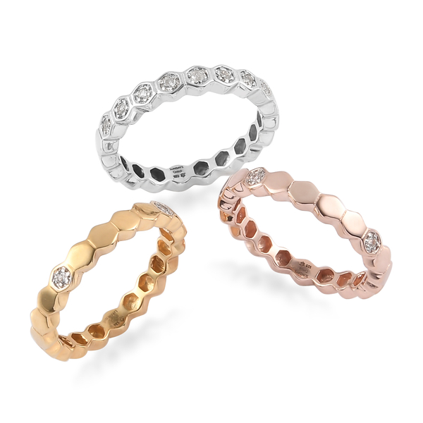 Sundays Child - Set of 3 - Natural Cambodian Zircon Ring in Platinum, Rose Gold and Yellow Gold Overlay Sterling Silver, Silver wt. 5.90 Gms