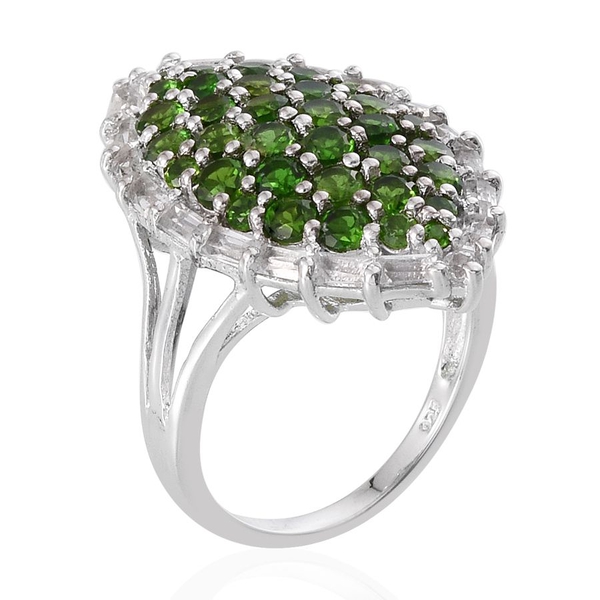 Chrome Diopside (Rnd), White Topaz Cluster Ring in Platinum Overlay Sterling Silver 4.250 Ct.