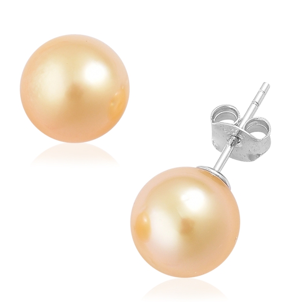 South Sea Golden Pearl (Rnd 9-10 mm) Ball Stud Earrings (with Push Back) in Rhodium Plated Sterling 