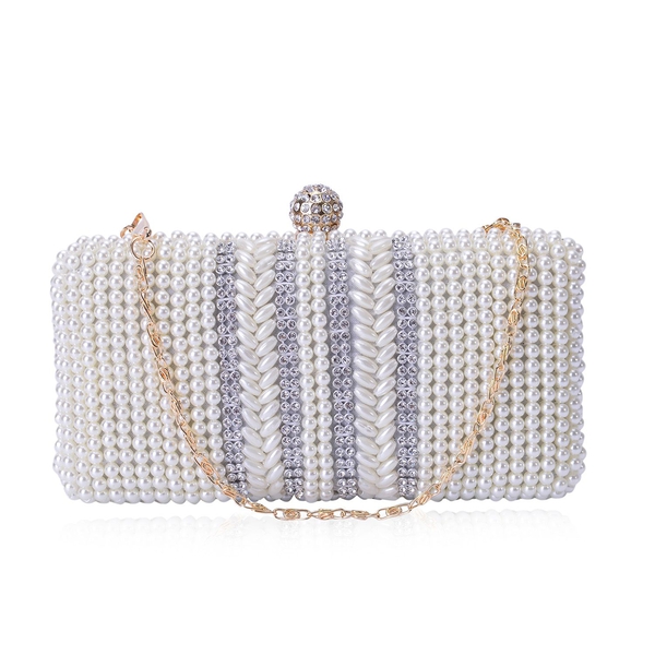 (Option 3) AAA White Austrian Crystal and Simulated White Pearl Clutch Bag with Chain Strap in Gold 