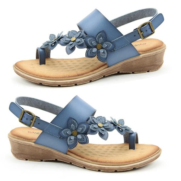 Heavenly Feet Faux Leather Floral Detailing Sandals with Buckle Closure - Blue