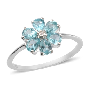 Blue Apatite and Natural Cambodian Zircon Flower Ring in Sterling Silver 1.01 Ct.