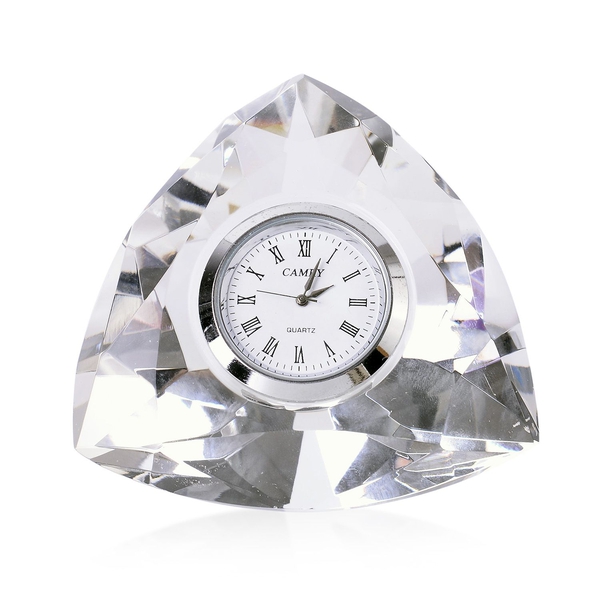 Triangular Shape Faceted Crystal Table Clock with Roman Numerals (Size 8X8X4.5 Cm)