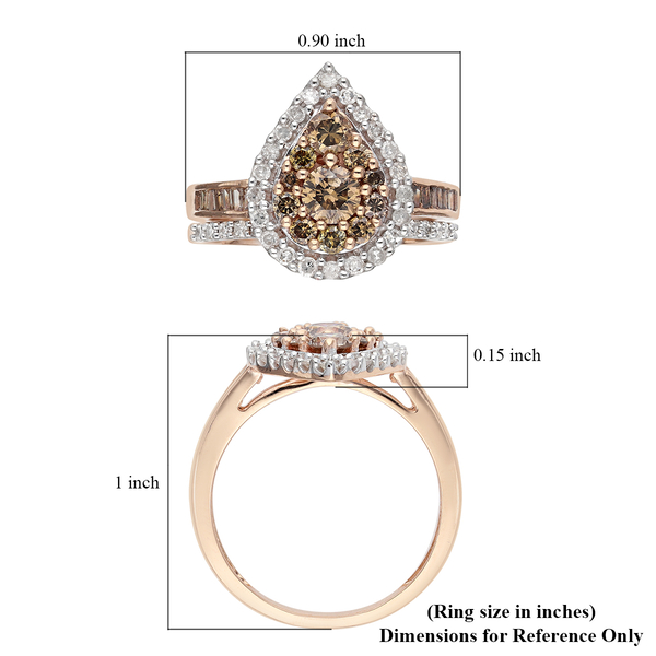 Set of 2 - 9K Rose Gold SGL Certified Champagne (1.00 Cts) and White Diamond (0.50 Cts) ( I3/G-H) Ring 1.50 Ct.