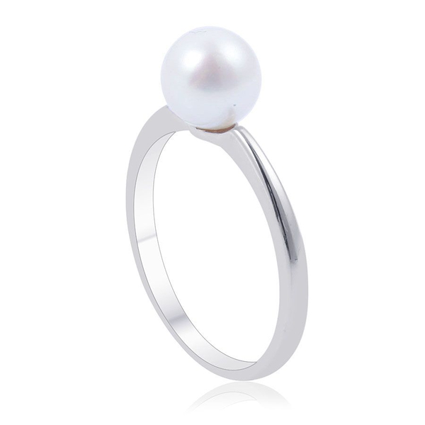 Japanese Akoya Pearl (Rnd) Solitaire Ring in Rhodium Plated Sterling Silver 4.000 Ct.