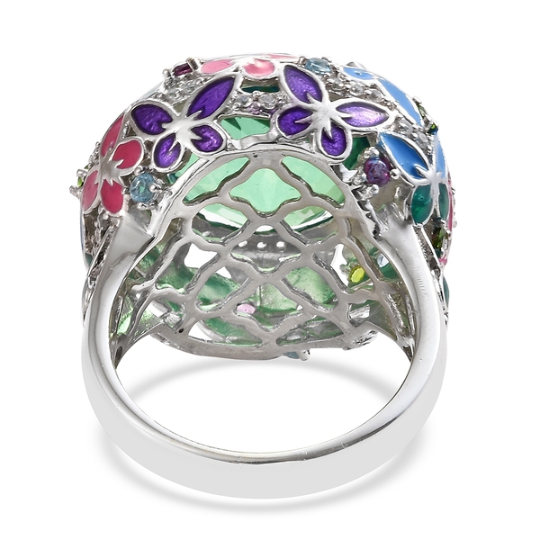 GP Peacock Triplet Quartz (Rnd 14.40 Ct), Swiss Blue Topaz, Chrome Diopside and Multi Gemstone Butterfly Ring in Enamel and Platinum Overlay Sterling Silver 15.250 Ct. Silver wt 11.33 Gms.