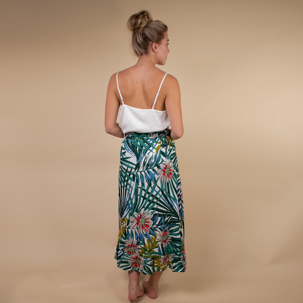 TAMSY 100% Rayon Floral Printed Wrap Skirt One Size, (Fits 8-16) - White, Green & Multi