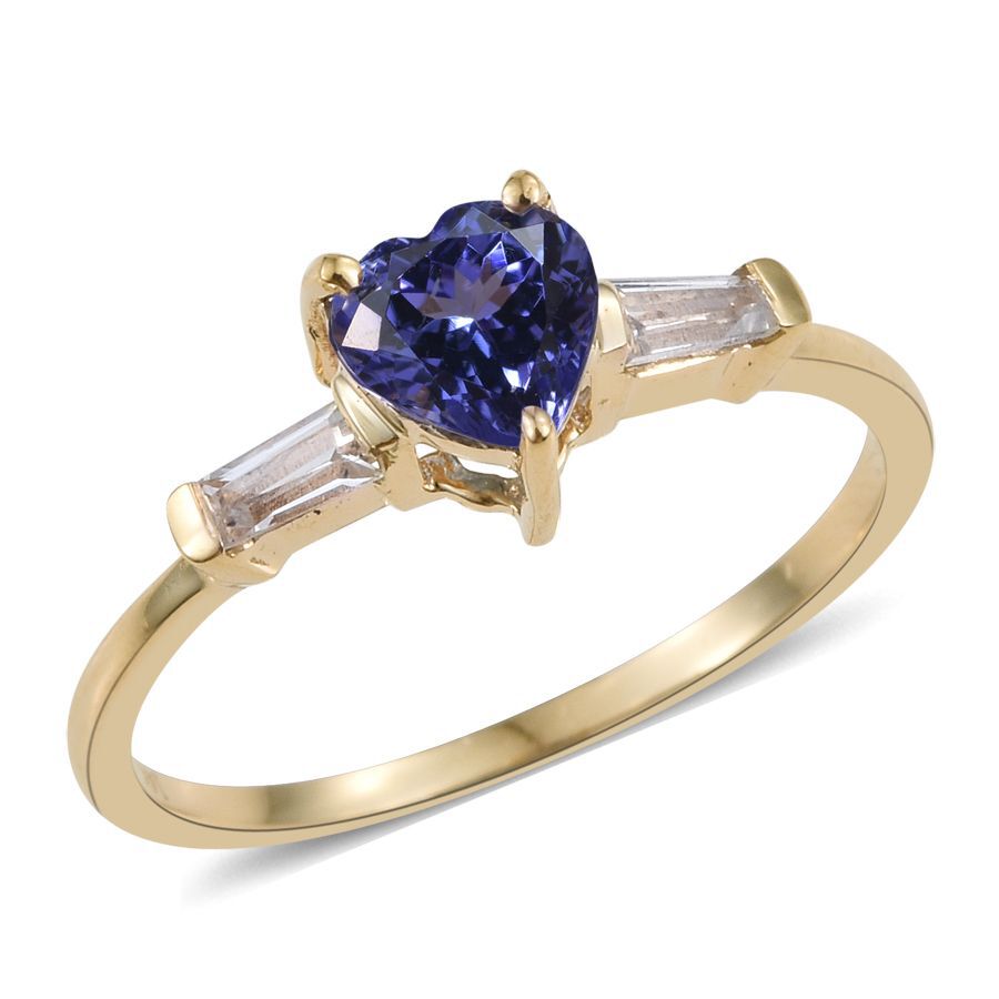 14K Yellow Gold 1 Carat Tanzanite Heart Ring, White Sapphire.