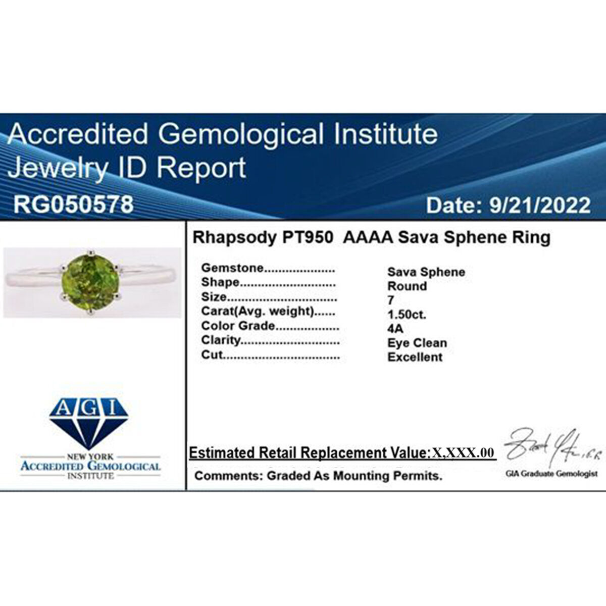 Certified and Appraised RHAPSODY 950 Platinum AAAA Sava Sphene Ring 1.50 Ct, Platinum Wt. 4.50 Gms