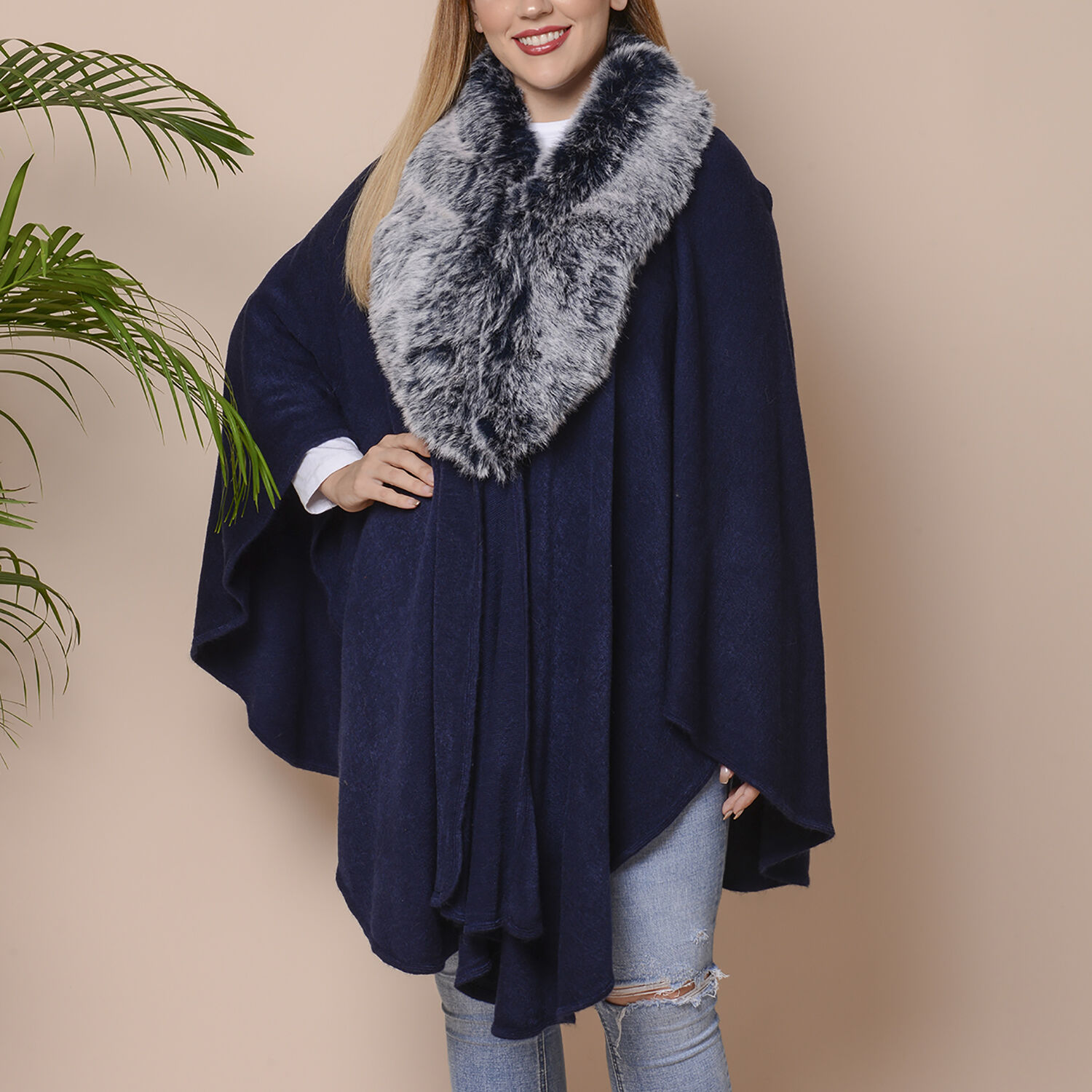 Half Moon Faux Fur Collar Cape (Size 124x76 Cm) - Navy Blue Colour