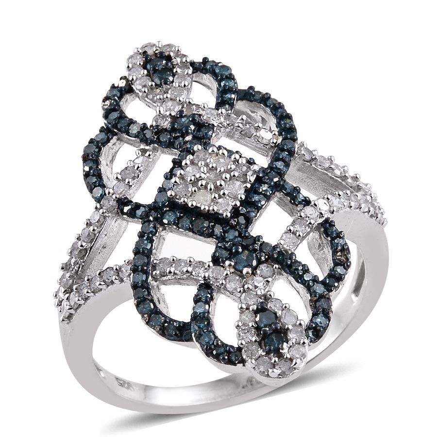 Blue Diamond (Rnd), White Diamond Ring in Platinum Overlay Sterling Silver 1.000 Ct.