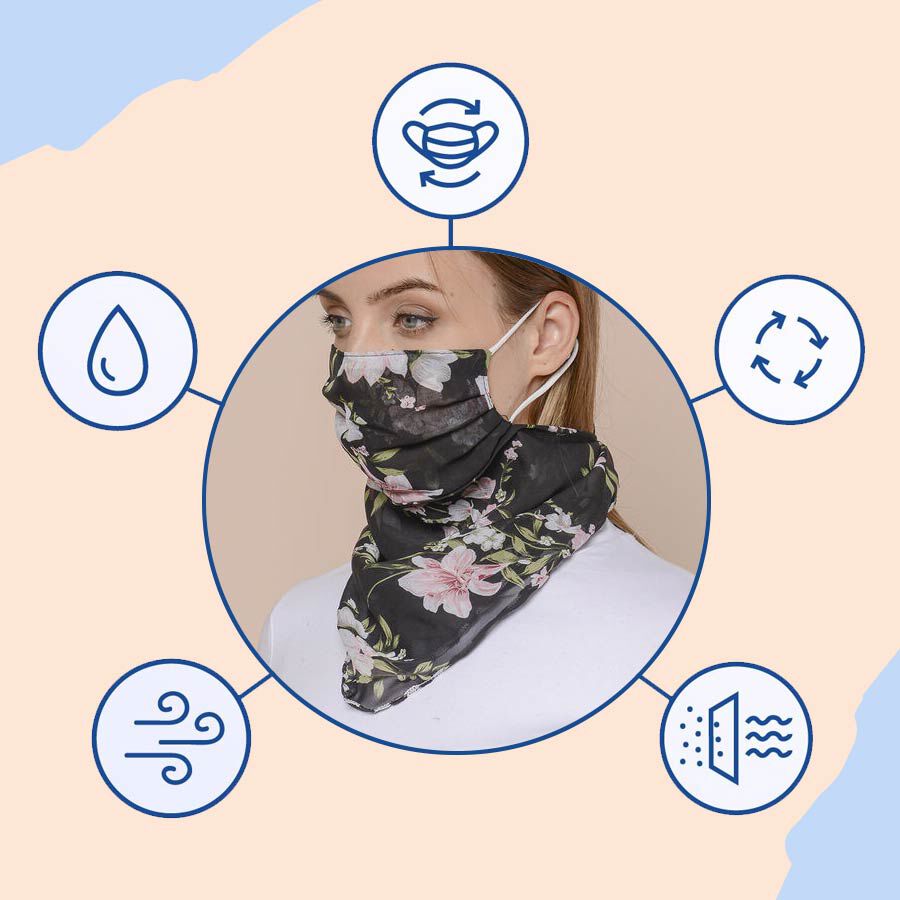 2 in 1 Flower Pattern Chiffon Soft Feel Scarf and Protective Face Covering (Size 45x45 Cm) - Black - Pink