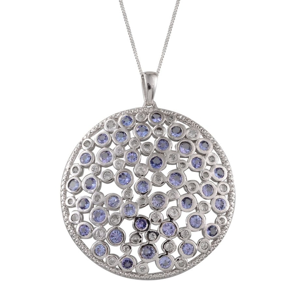 Tanzanite (Rnd), White Topaz Cluster Pendant With Chain in Platinum Overlay Sterling Silver 5.850 Ct