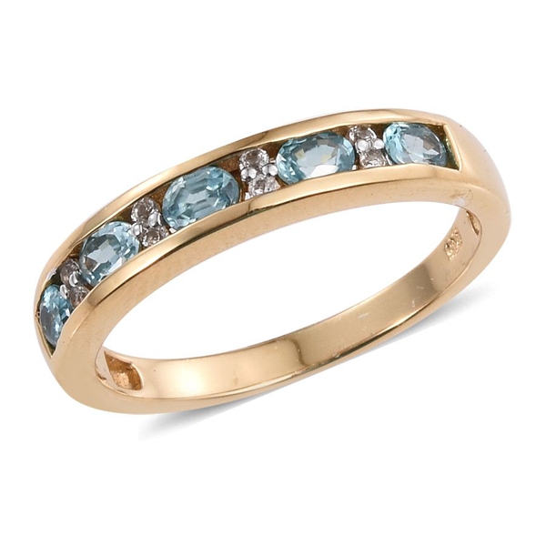 AA Natural Cambodian Blue Zircon (Ovl), White Topaz Half Eternity Band Ring in 14K Gold Overlay Ster