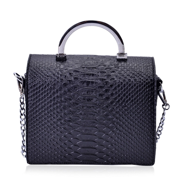Snake Embossed Black Colour Crossbody Bag with Removable Chain Strap (Size 21x17x8 Cm)