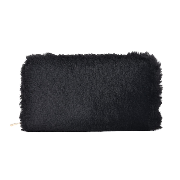 Faux Fur Long Size Wallet with Zipper Closure  Black