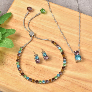 3 Piece Set - Multi Colour Austrian Crystal & Simulated Multi Gemstones Pendant with Chain ( 20 with 2 inch Extender), Adjustable Bracelet ( 6.5-9.5) and Stud Earrings (with Push Back) in Silver Tone