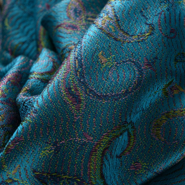 SILK MARK - 100% Superfine Silk Green and Multi Colour Paisley and Leaves Pattern Turquoise Colour Jacquard Jamawar Shawl with Fringes (Size 180x70 Cm) (Weight 125-140 Grams)