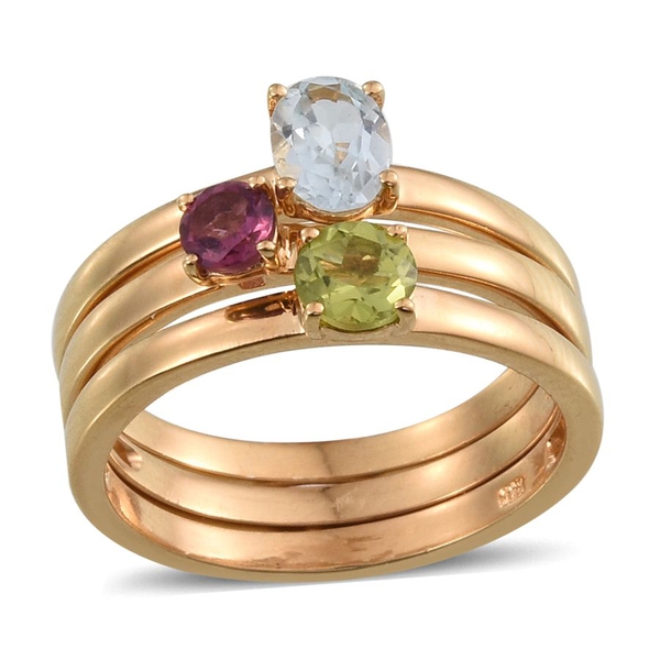 Set of 3 - Sky Blue Topaz (Ovl), Hebei Peridot and Rhodolite Garnet Solitaire Ring in 14K Gold Overlay Sterling Silver 2.000 Ct.