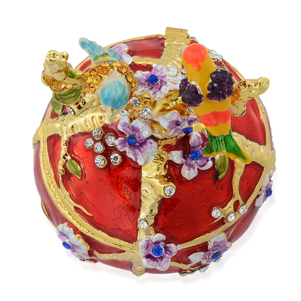 Red Colour Enameled Egg with Two Birds Trinket Box in Gold Tone Decorated with Multi Colour Austrian Crystal