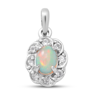Ethiopian Welo Opal and Natural Cambodian Zircon Pendant in Rhodium Overlay Sterling Silver