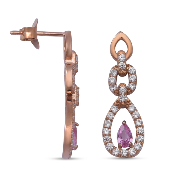 Pink Sapphire and Natural Cambodian Zircon Dangle Earrings (with Push Back) in Rose Gold Sterling Silver 1.57 Ct.