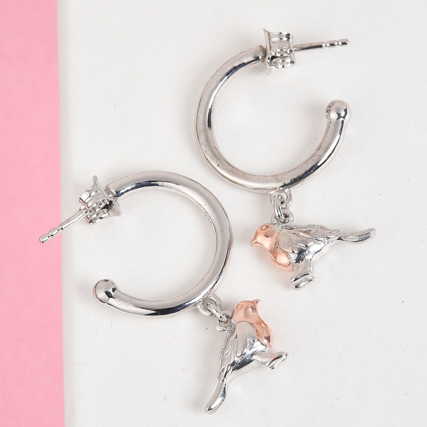 Rose Gold and Platinum Overlay Sterling Silver Bird Hoop Earrings (with Push Back), Silver wt 5.89 Gms.
