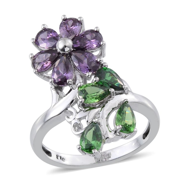 AAA Simulated Amethyst (Pear), Simulated Emerald Crossover Ring in ION Plated Platinum Bond