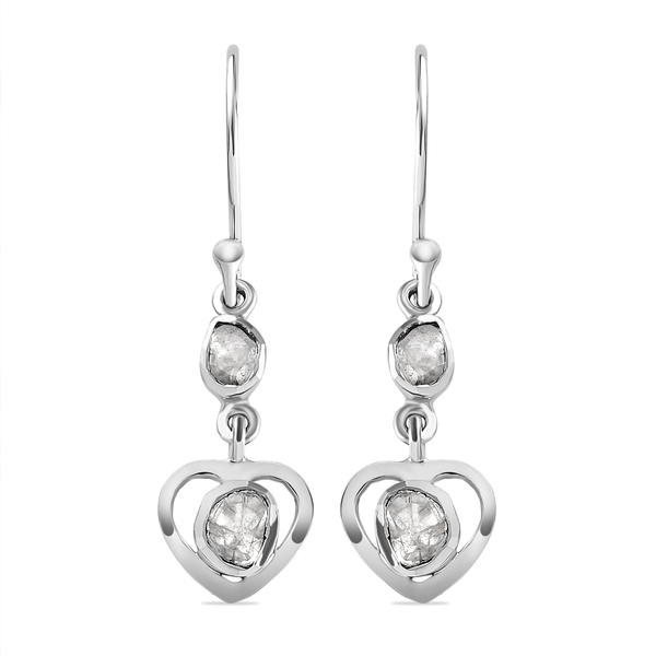 Artisan Crafted Polki Diamond Heart Earrings (With Hook) in Platinum Overlay Sterling Silver 0.32 Ct