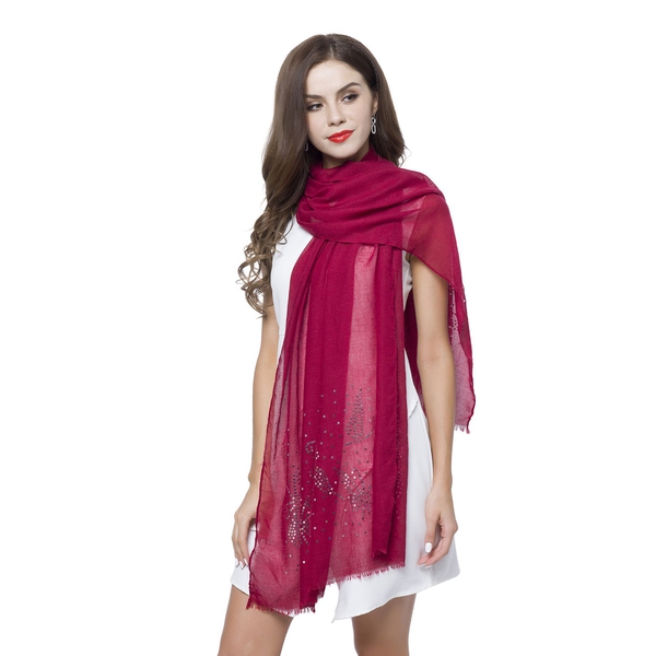 Silver Sequins Embellished Burgundy Colour Butterfly Pattern Scarf with Fringes (Size 180X70 Cm)