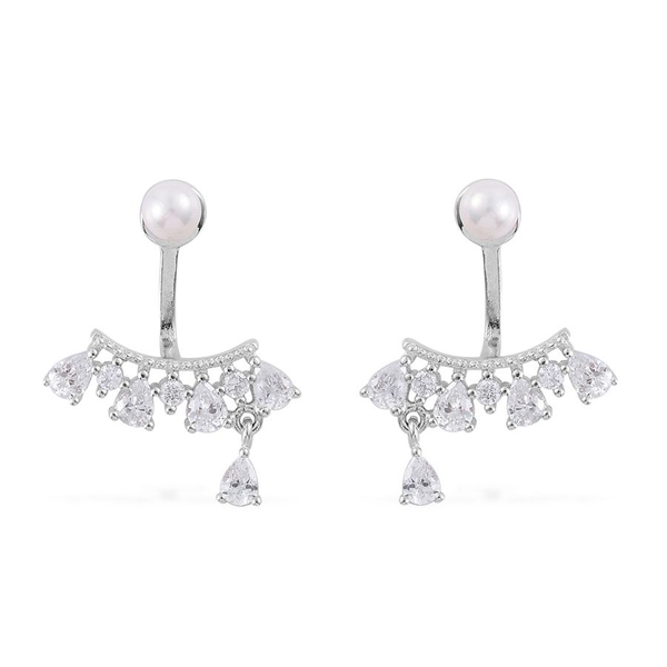 ELANZA AAA Simulated White Diamond and White Shell Pearl Jacket Earrings (with Push Back) in Rhodium