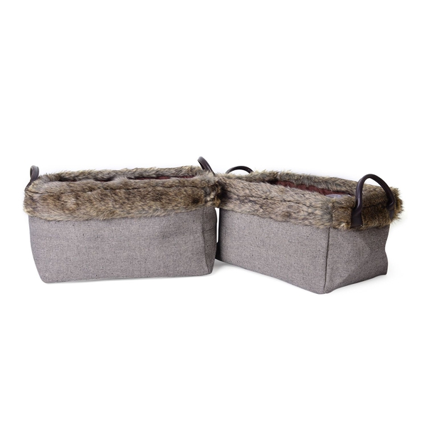 Set of 2 - 70% Cotton Dark Grey Colour Multi Purpose Faux Fur Basket with Faux Leather Handles (Size