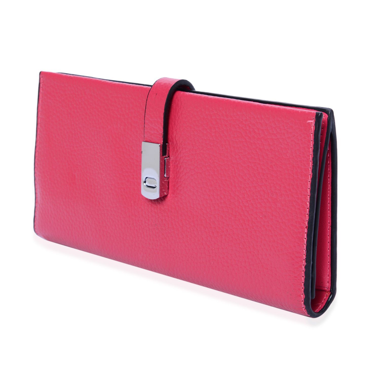 Grain Leather Embossed Bright Fuchsia Colour Purse with Flap Buckle Closure (Size 19x9.5 Cm)