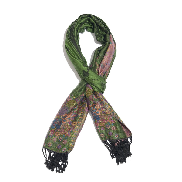 Green, Pink and Multi Colour Peacock Pattern Jacquard Scarf with Tassels (Size 180X70 Cm)