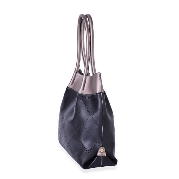 Black and Metallic Grey Colour Laser Cut Pattern Tote Bag (Size 40x30x13.5 Cm)