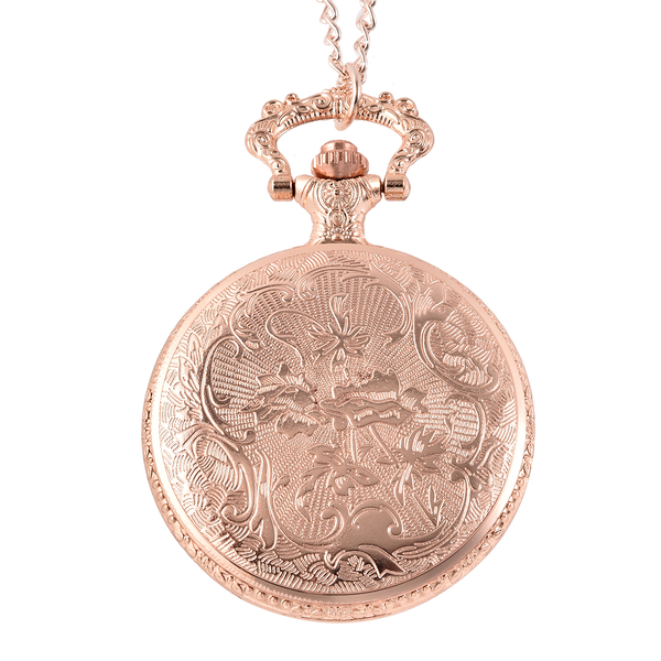 GENOA Japanese Movement Carved Rose Quartz Rose Pattern Water Resistant Pocket Watch with Chain in Rose Gold Tone