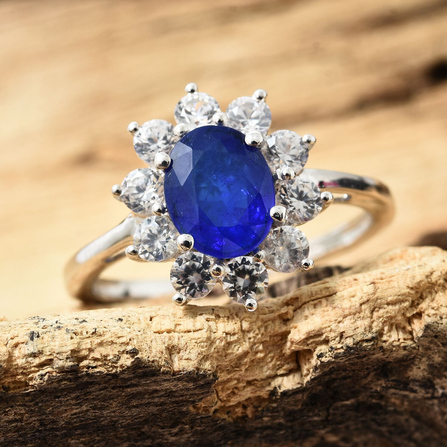 3.75 Ct Very Rare Blue Spinel and Natural White Cambodian Zircon Halo Ring in Platinum Plated Silver