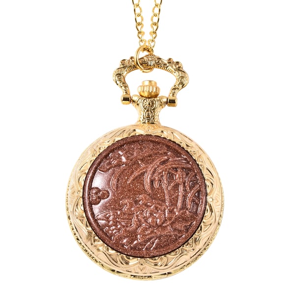 GENOA Japanese Movement Carved Gold Sandstone Water Resistant Pocket Watch with Chain in Gold Tone