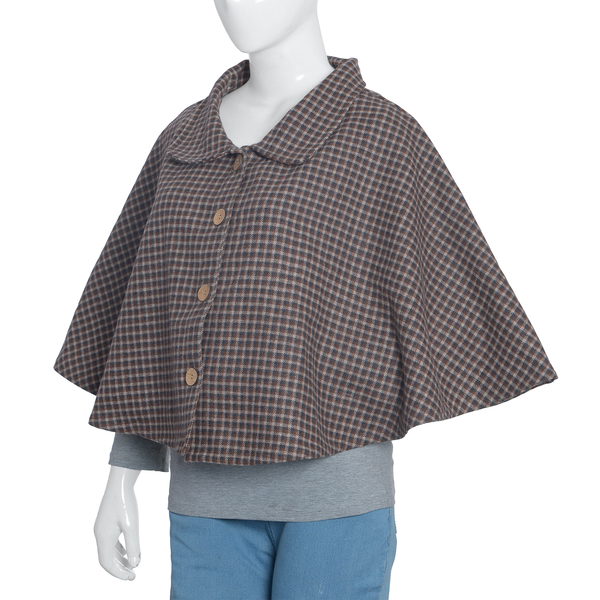 Woollen Brown Check Cape with  Peter Pen Collar and Wooden Buttons - One Size