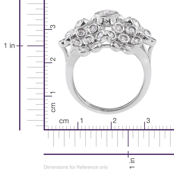 Lustro Stella - Platinum Overlay Sterling Silver (Rnd) Floral Ring Made with Finest CZ. Silver wt. 8.00 Gms.
