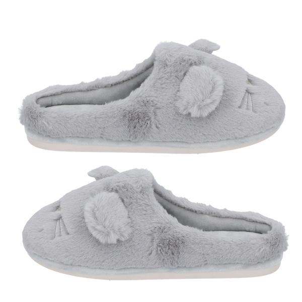 Rabbit Faux Fur Slippers (Size 3- 4) - Light Grey