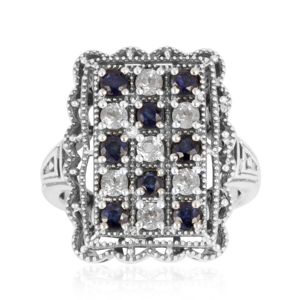 Tribal Collection of India Kanchanaburi Blue Sapphire (Rnd), White Topaz Ring in Sterling Silver 2.2