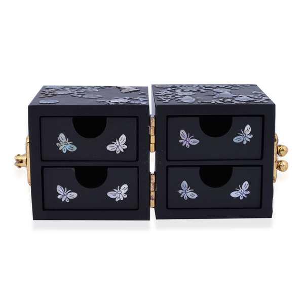 Twin Cube Jewelry Box Organizer Hand Made Mother of Pearl Sea Shell Inlay Lacquered Floral Butterfly Pattern- Black