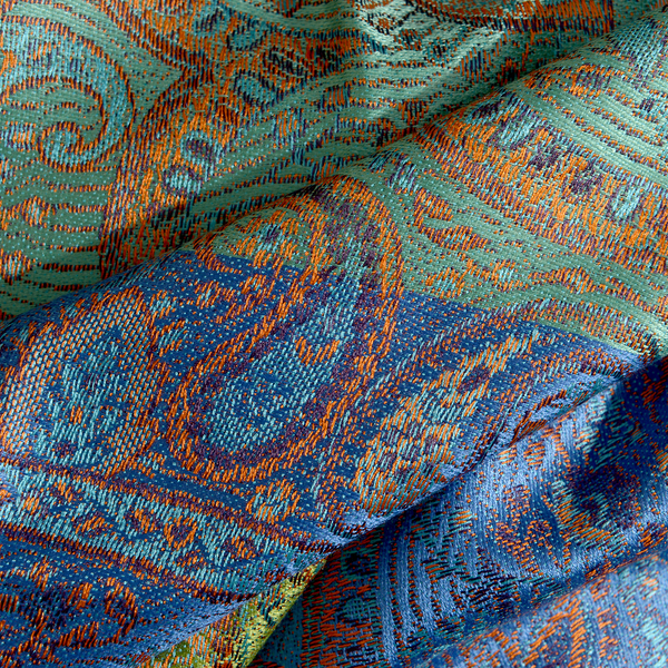 SILK MARK - 100% Superfine Silk Blue, Green and Multi Colour Paisley Pattern Reversible Jacquard Scarf with Tassels (Size 190X70 Cm)